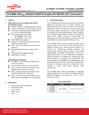 CA-IS308x 5kVRMS 隔离半/全双工 RS-485/...